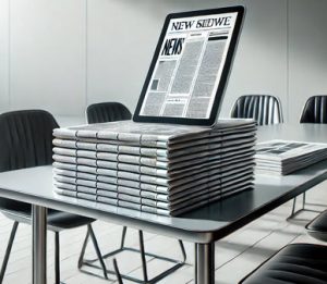 a digital tablet resting on the top of a stack of paper newspapers