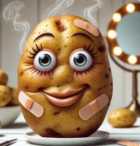 A potato with steam in the background with indications that it just had a face lift