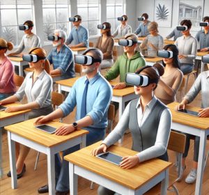 students in a classroom wearing virtual visors